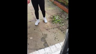 Step mom fucked through ripped leggings by step son in the back yard 